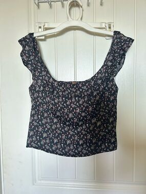 Free People Floral Square-Neck Ruffle Strap Top - Black